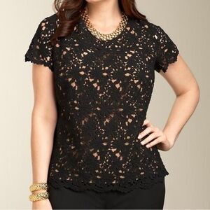 Talbots Black Floral Lace Overlay Short Sleeve Top Blouse 18W Crochet Occasion